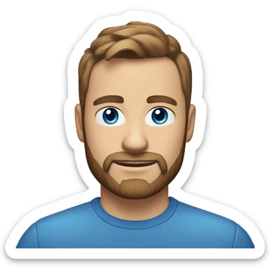 A head and shoulders shot of a 35 year old Caucasian man, with short brown hair, with beard facial hair,   with blue eyes wearing a t-shirt. sticker