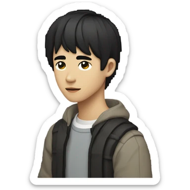 draw a Japanese male teenager, thin, short cable and black, in pixel art, his body profile, and the head a little tilted and looking at who observes the image, the arms should be at the height of the rib, stretched forward sticker