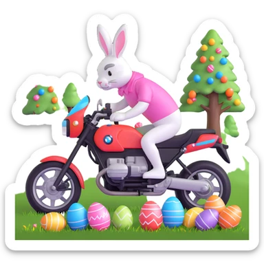 Easter bunny riding a BMW boxer motorcycle with trees and grass in the background, colorful Easter eggs hidden in the grass, and more bunnies watching from the side of the road sticker