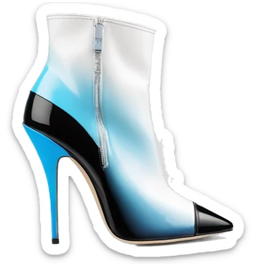 Realistic isolated top view of a pair of white,sky blue,and black ombre Jimmy Choo Stiletto Heel Zippered ankle bootie boots  sticker