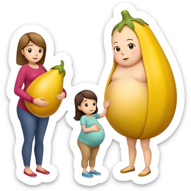 yellow eggplant on top of a pregnant person, with a bowing person turned to the side sticker