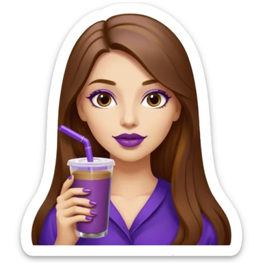 girl with long brown hair, wine lipstick, gold nails, drinking a blueberry butter pecan iced coffee with a purple straw  sticker