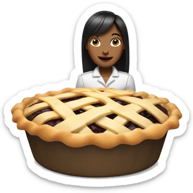 female with dark bob and a fringe is making a pie sticker