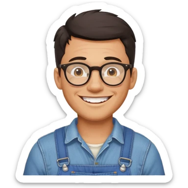 smiling dark-haired man with glasses, big teeth, standard male haircut, rural farmer sticker