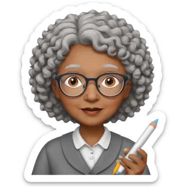 old woman teacher, brown skin, curly grey hai, wearing glasses, hold chalk on hand sticker
