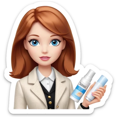 A Barbie girl with blue eyes, shoulder-length reddish-brown hair, made-up, in a white tweed jacket and black skirt, holding a tube of pale beige face cream sticker