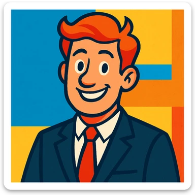 red-haired man in a black suit with a red tie, smiling at the camera, vibrant toon style sticker