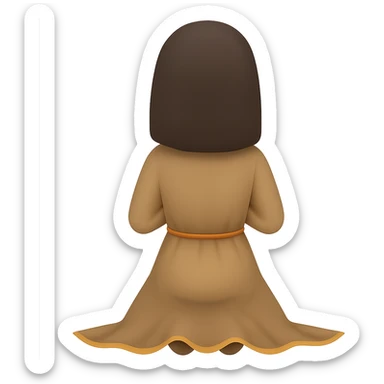 Show the woman kneeling and praying from the back view, wearing a long tan dress, with dark brown hair, in emoji style, no background. sticker