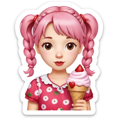 . A cute girl with pigtails, wearing a strawberry-patterned top, holding an ice cream. sticker