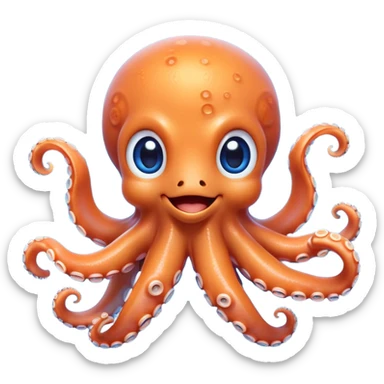 Cinematic Cute smiling Octopus Portrait Emoji, Head tilted playfully and inquisitively, featuring a rounded, light orange body embellished with playful blue rings, eight adorably curling arms, and big, twinkling eyes full of wonder, Simplified yet irresistibly adorable features, highly detailed, glowing with a warm, inviting underwater glow, high shine, affectionate and lively, stylized with a touch of whimsical cartoon charm, soft glowing outline, capturing the essence of a mischievous yet loving octopus that seems as if it could bob out of the screen into your arms! sticker