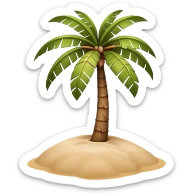 A 3D cartoon coconut palm tree with coconuts near the top and a sandy base, tropical light setting, Memoji-style realism. sticker
