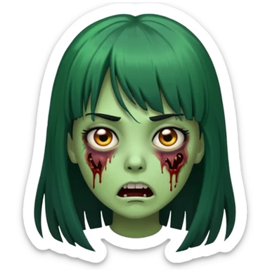 Faça uma menina de cabelo liso preto com franja zumbi cabelo longo 🧟‍♀️ faça ela assim faça ela verde com cara mais assustadora sticker