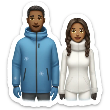 Brown woman and white man in matching snow suits sticker