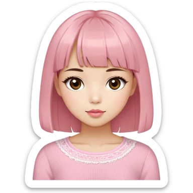 Cute East Asian girl, soft fair skin with blush on cheeks, big brown eyes with long lashes, natural pink lips, inward brown bob with straight bangs. Wearing a stylish pink knit top with ribbon details and subtle lace trim, holding a abyssinian sticker