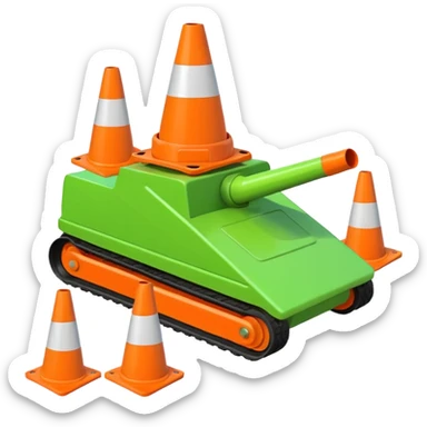 green tank with its treads flattening traffic cones directly underneath, emoji style sticker