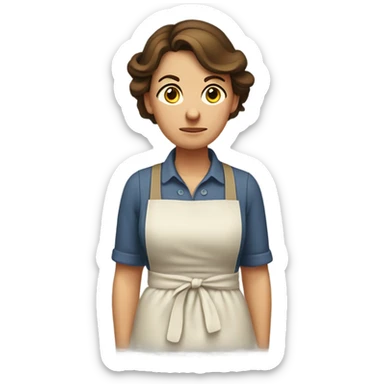 "A middle-aged woman with tired eyes, brown hair tied back, and a warm but worried look. She wears a simple dress with an apron." sticker