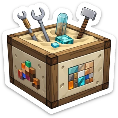 minecraft crafting tabme with tools, stone, wood, glass, sand, ... in a minecraft cube crafting table sticker