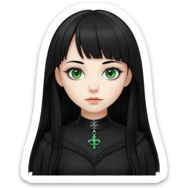 generate an image of a girl with long black hair, green eyes , caucasian and wearing gothic black clothes. Her bangs is very short sticker