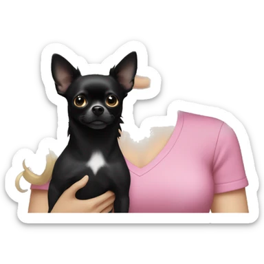 White girl with blonde hair and blue eyes wearing a pink shirt holding a black long hair chihuahua sticker