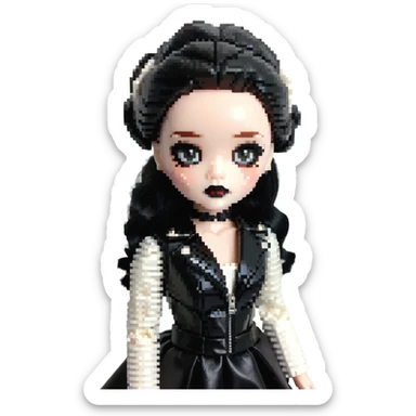 Chucky's bride doll with black lipstick, black dress, leather jacket, smoky eye makeup sticker