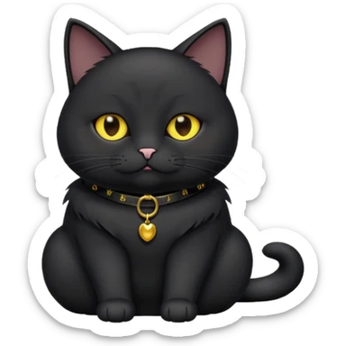 Un gato negro gordito con los ojos de color amarillos sentado con un collar que diga: waina michi sticker