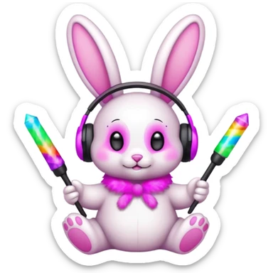 cute rave bunny wearing headphones, holding a glow wand, surrounded by confetti, festive mood sticker