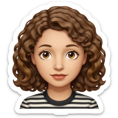 woman, 40s, chin-length wavy/curly/unruly brown-ish, few white stripes hair, hazel eyes, light skin sticker