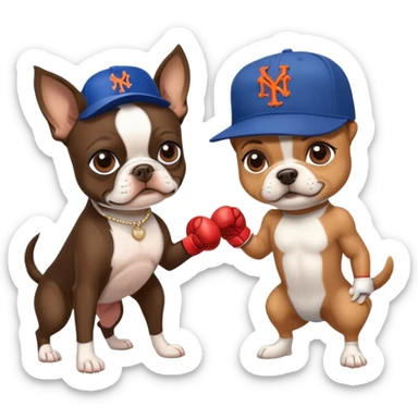 Brown Boston terrier wearing a New York Mets hat boxing a yorkie with a New York Yankees hat sticker