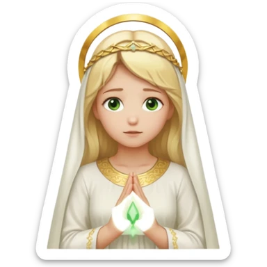 Blonde girl in white closed dress with green eyes praying. The holy halo is behind her, she is enveloped by a golden glow sticker