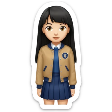 hair : black long hair with fringe 
skin : light 
cloth : brown varsity jacket + navy long long school girl skirt 


 sticker