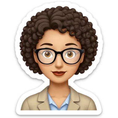 crea una profesora de pelo moreno rizado, corto un poco más arriba del hombro, ojos marrones con gafas, con experiencia, alta, interesante y entusiasta de las tic sticker