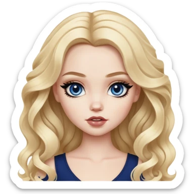wavy blonde hair, pale skin skin, dark blue eyes, pretty bratz baddie, black eyeliner sticker