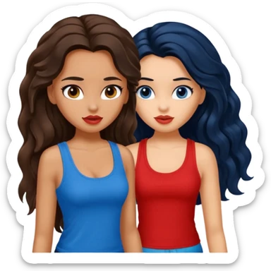 generate a pretty tan bratz girl with brown wavy hair long wearing a red tank top. talking to a girl with black hair wearing blue sticker