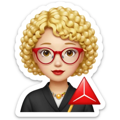 creative Chinese girl emoji, short curly yellow hair, pearl hairpin, red triangle glasses, graphic designer, loves colors sticker