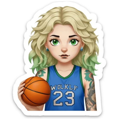 Pale girl with tattoos, wavy blonde disheveled hair, piercings, green eyes and dark eyebrows, wearing a blue shirt with a wolf on it and green basketball shorts  sticker