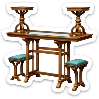 A glass topped rectangular trestle table with 2 benches on the long sides and 2 thrones at the ends sticker