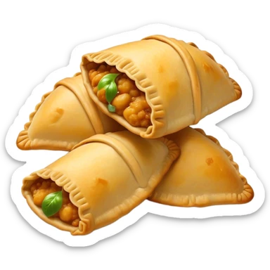 Empanadas Cinematic Realistic Empanadas Dish Emoji, depicted as crispy, golden empanadas made with cornmeal and filled with savory ingredients, rendered with rich textures and vibrant, appetizing lighting. sticker