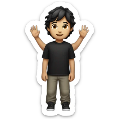Boy white skin black hair black t-shirt raising his hand sticker
