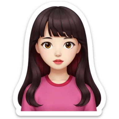 Korean girl, red top, black brown hair, brown eyes, long wavy hair, aesthetic, long hair, hime cut, blunt bangs, pink lip sticker