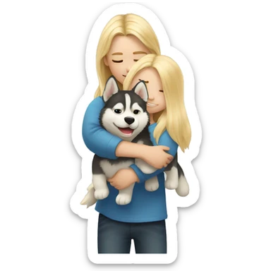 blond kid with long hair is hugging husky  sticker