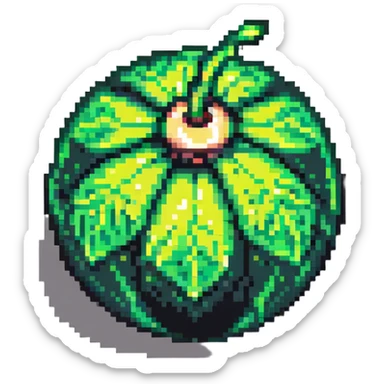 Green digital bomb animation frame 3, round bomb body with green highlights, very short leaf-shaped fuse at top, brighter green glow, nature-inspired design, pixel art style sticker