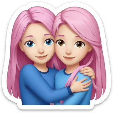 four white grips hugging and smiling    2 girls with brown eyes and long dark brown hair. One girl with long light pink hair and blue eyes, one girl with blue eyes and light blonde hair sticker