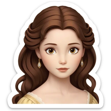 Cinematic Realistic Belle Portrait, depicted with lifelike skin texture, soft natural lighting, and intricately detailed brown hair styled elegantly. Her deep, expressive eyes exude warmth and intelligence, complemented by a serene and graceful expression. She is dressed in her classic attire, with rich fabric textures and delicate folds that catch the light beautifully. The portrait features a soft, enchanting glow with a natural, radiant finish, capturing the essence of timeless beauty in a realistic and painterly style, evoking a sense of depth and authenticity. sticker