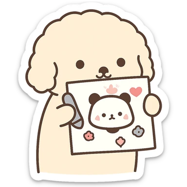 Transform the image into a WhatsApp sticker style by removing the background and leaving only the cute little dog holding the drawing. Add a white border around the dog for a sticker effect. Keep the style natural and clear for sticker use. sticker