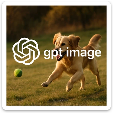  logo of chat gpt with text "gpt image" on the background of a dog chasing ball, realistic image sticker