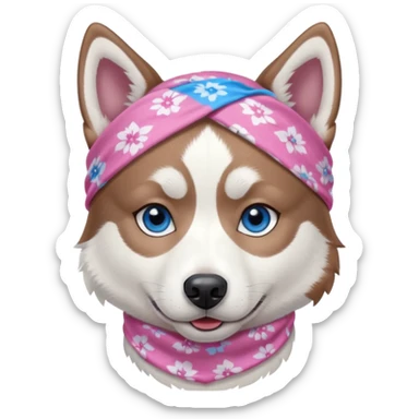 Husky siberiano fêmea, toda branca um olho azul e outro metade azul e marrom. Com bandana rosa sticker