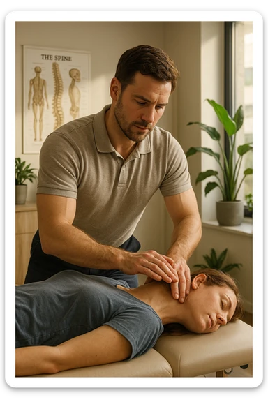 A realistic, cinematic illustration of a professional osteopath in his late 30s, wearing a fitted polo shirt in a neutral color, performing gentle manual manipulations on a patient to improve posture. The osteopath uses precise hand placement along the patient's upper back and cervical spine while the patient lies on a comfortable treatment table in a bright, modern clinic. Anatomical posters showing the spine and posture alignment are on the wall, and the room has warm, natural lighting with plants for a calming atmosphere. The scene emphasizes hands-on osteopathic care to restore body alignment, spinal mobility, and posture, showcasing trust, professionalism, and holistic care sticker