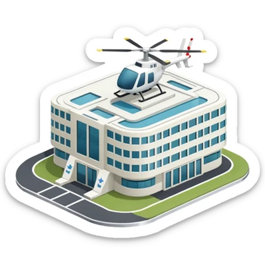 hospital isometric view building with heliport sticker
