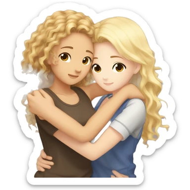 One girl with light skin withe brown curly hair and another girl with straight blonde hair hugging each other anime  sticker