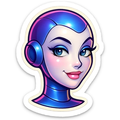 sexy but stylish female bot, Telegram sticker style, very pale skin, neat facial features, large expressive eyes, soft smile, light flirt expression, head only without neck, white background sticker
